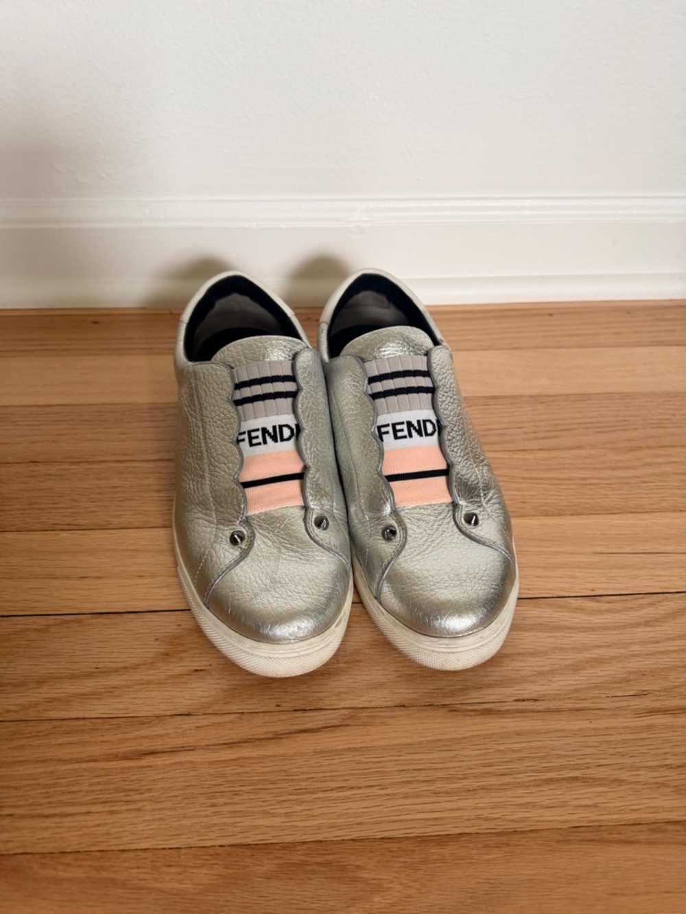 Fendi Metallic Silver Slip-On Sneakers with Pink Accents